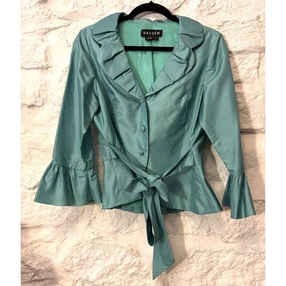 HAYDEN 100% Silk Ruffle Peplum Jacket Aqua Tie Bell Sleeve Y2K
